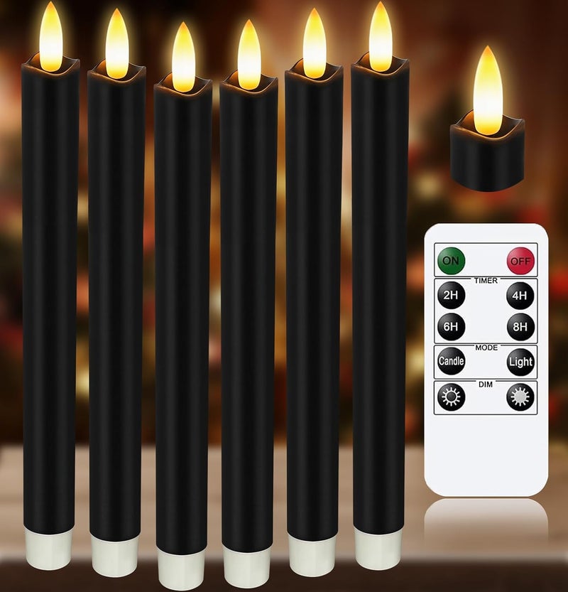 KSWING Upgraded Real Wax LED Flameless Black Taper Candles with Remote, 6 PCS Candlesticks Battery Operated 3D Flickering - 9.6" Long Realistic Fake Candle Sticks for Home/Wedding/Fireplace Xmas Decor - Image 1